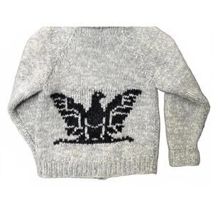 Vintage Hand Knit 100% Wool Cowichan Thunderbird Sweater Talon Zipper Canada BC